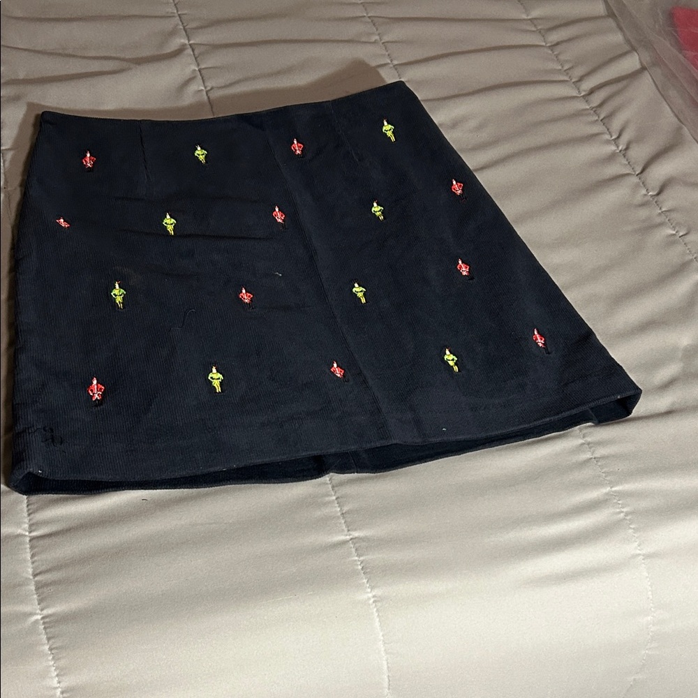 Castaway Navy Corduroy Mini Skirt with Red and Green Elf Embroidery